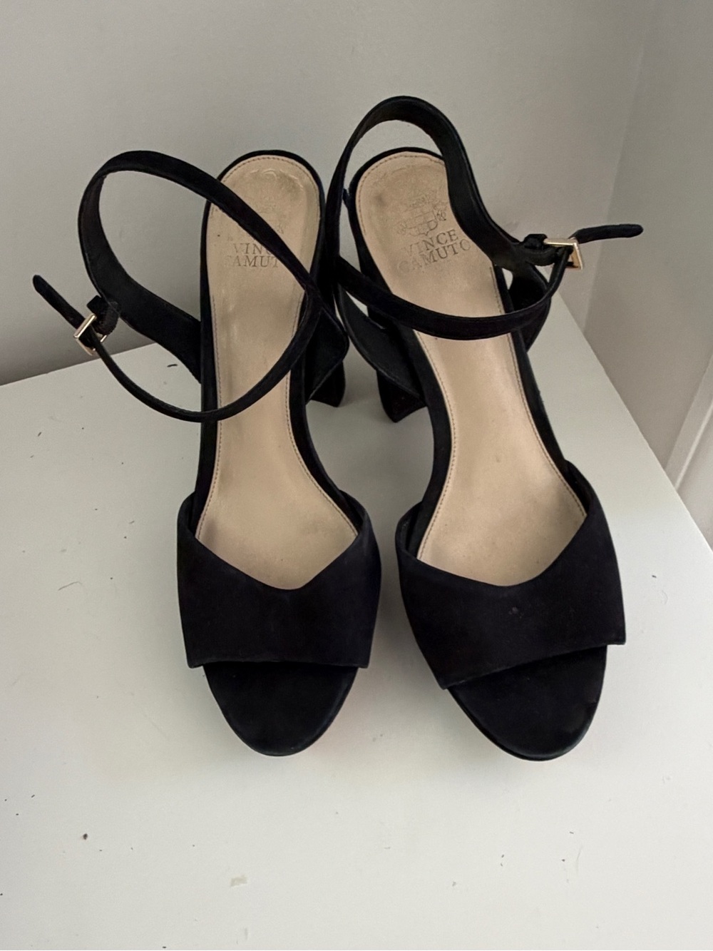 Vince Camuto Black Suede Platform Sandals w Ankle Strap & Block Heel - Size 11